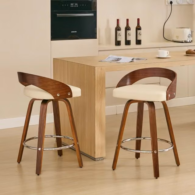 Sgabello da bar girevole OKWISH in stile mid-century con schienale basso in pelle sintetica beige e legno noce