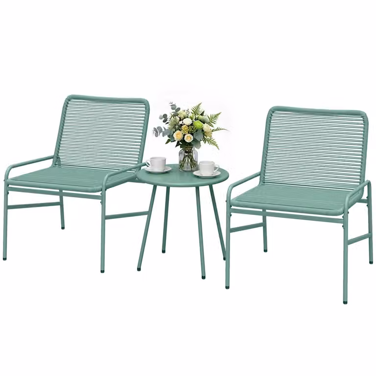 Set Bistrò in Polyrattan da 3 Pezzi con Tavolo Rotondo e 2 Sedie, Verde Matt per Giardino, Terrazza o Balcone