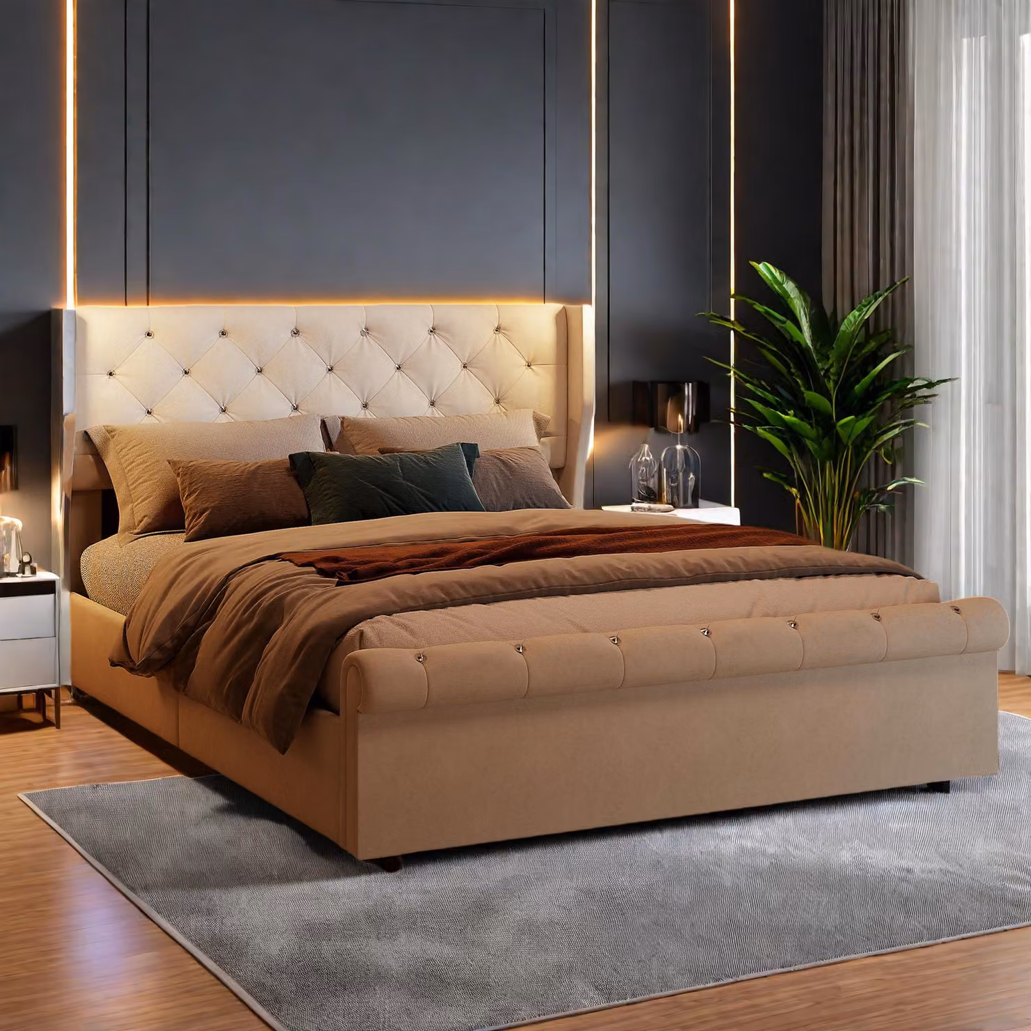 Letto matrimoniale 160x200 cm in velluto beige con contenitore idraulico, lampade da comodino integrate con porte USB e caricatore europeo
