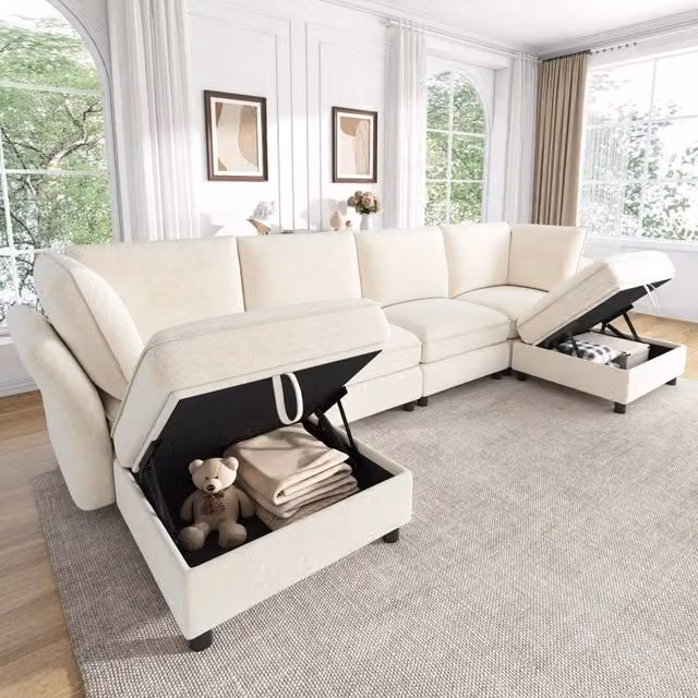 Divano Modulare a U REDOM in Chenille Beige con 2 Pouf e Cuscini, L: 289 cm, P: 137 cm, H: 84 cm