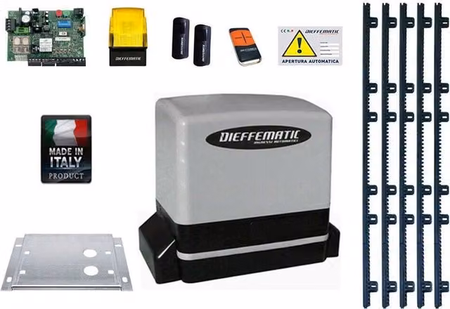 Kit completo automazione per cancello scorrevole Dieffematic 24V 600kg con 5m di cremagliera in nylon color grigio in alluminio