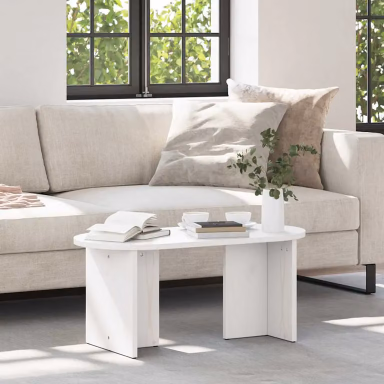 vidaXL Tavolino da salotto moderno in legno di pino bianco lucido, forma ovale, L 80 x P 39,5 x H 35 cm