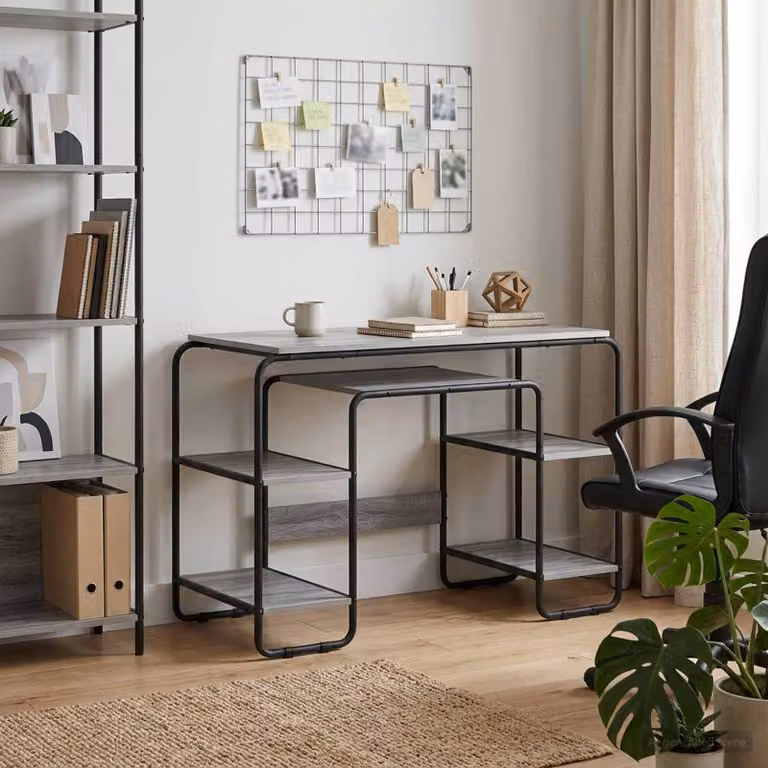 Scrivania moderna vidaXL con spazio di archiviazione, colore grigio, L: 113,5 cm, P: 60 cm, H: 75,5 cm