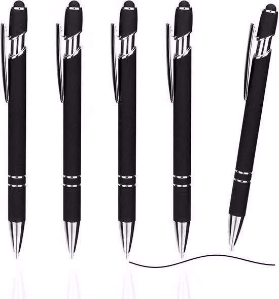 Penne a sfera ergonomiche con stilo - 5 pezzi - set in metallo - impugnatura antiscivolo - nero - ideali per l'ufficio e la casa
