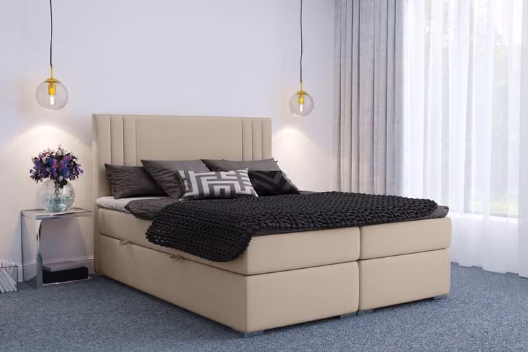 Boxspring Bett Hotel Doppel Beige Textil Luxus Betten Polster Kasten Funktion