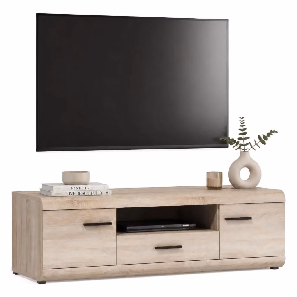 Mobile porta TV Kalepa DMORA in legno rovere marrone e beige con un cassetto, L 140 cm x P 54 cm x H 44 cm – 2