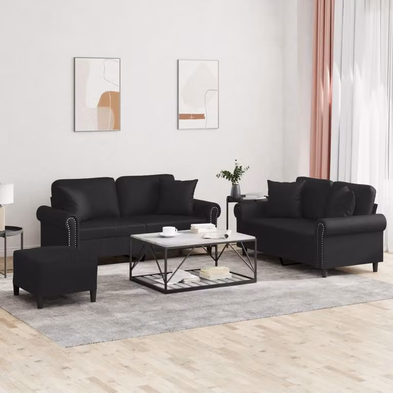 vidaXL Set di Divani 3 Pezzi in Similpelle Nera con Cuscini per Soggiorno