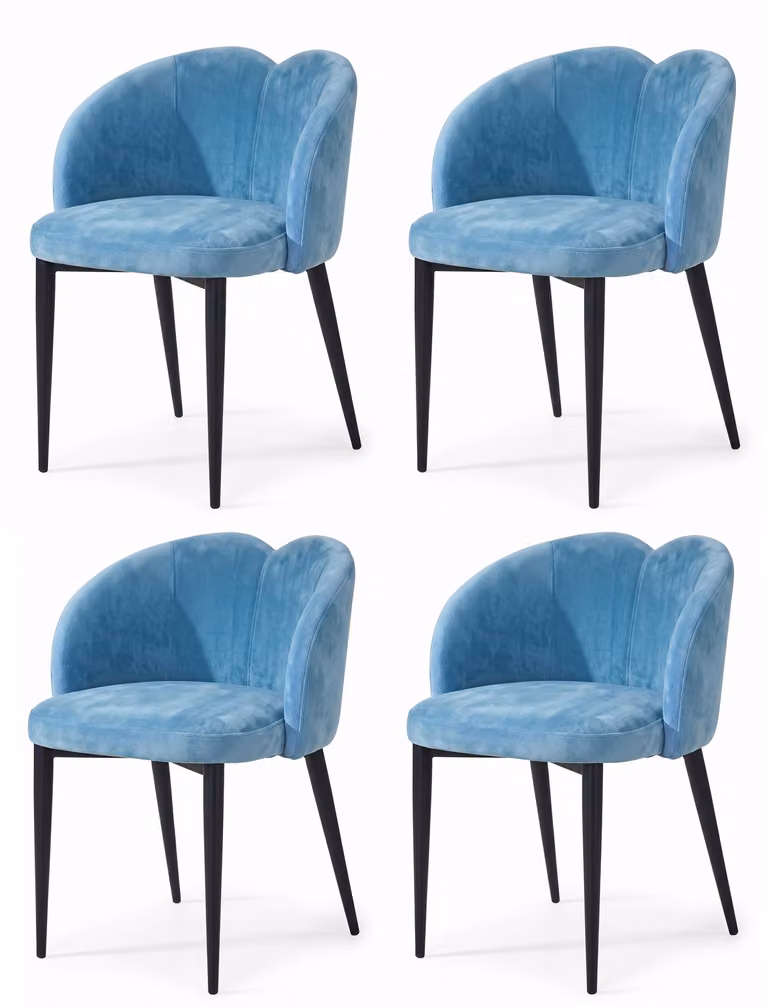 Set di 4 eleganti sedie da pranzo, colore blu cielo, tessuto con motivo floreale