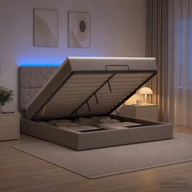 Letto Ottomano con Materasso e Illuminazione LED vidaXL, Colore Beige e Grigio, L/P/H: 140 x 200 x 88 cm