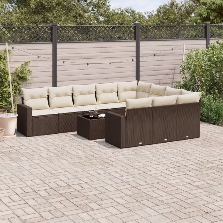 vidaXL Set Divani da Giardino 11 pz in Polyrattan Marrone con Cuscini Bianchi e Tavolino da Esterno