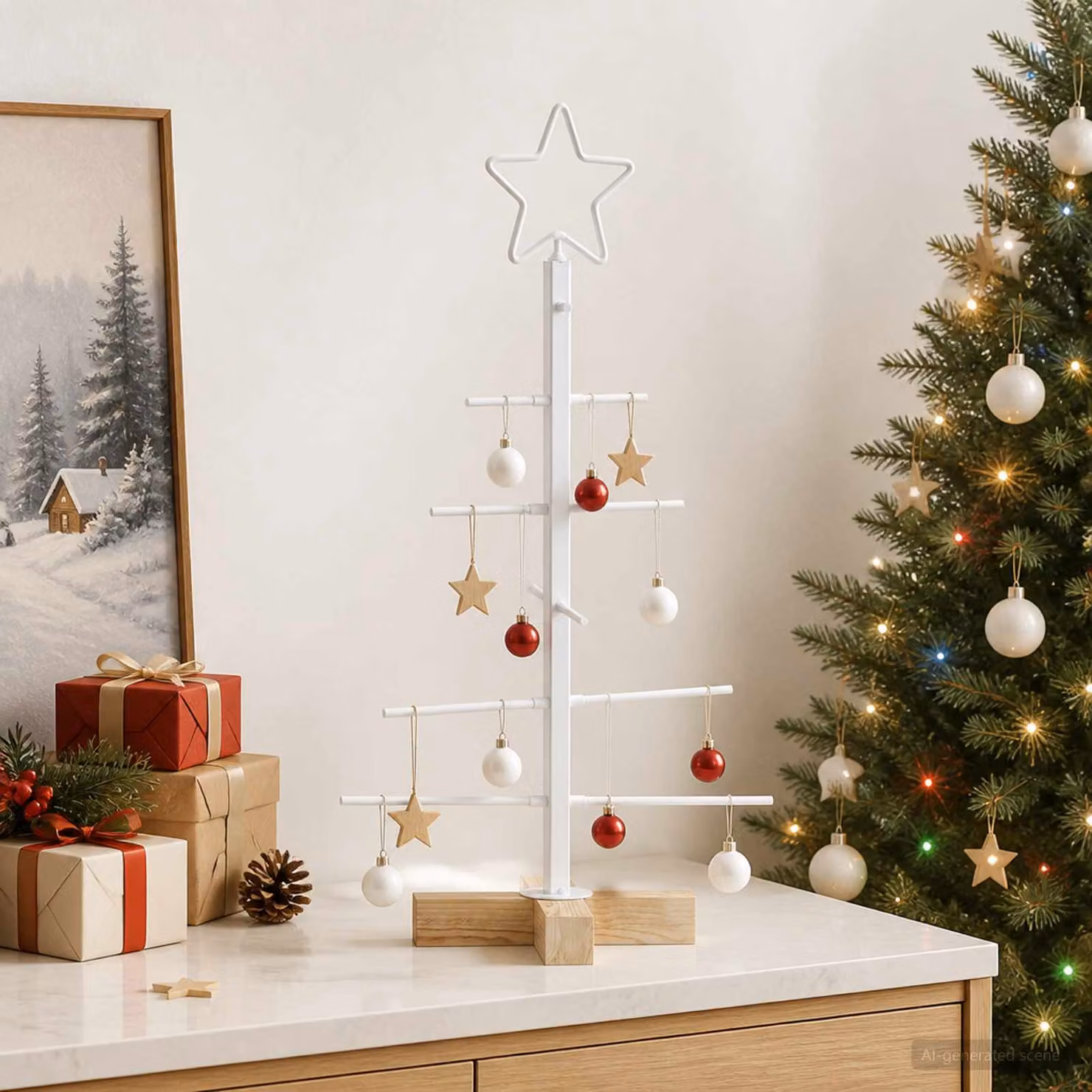 Albero di Natale moderno vidaXL KUOPIO in metallo e legno, colore bianco, Altezza: 60 cm