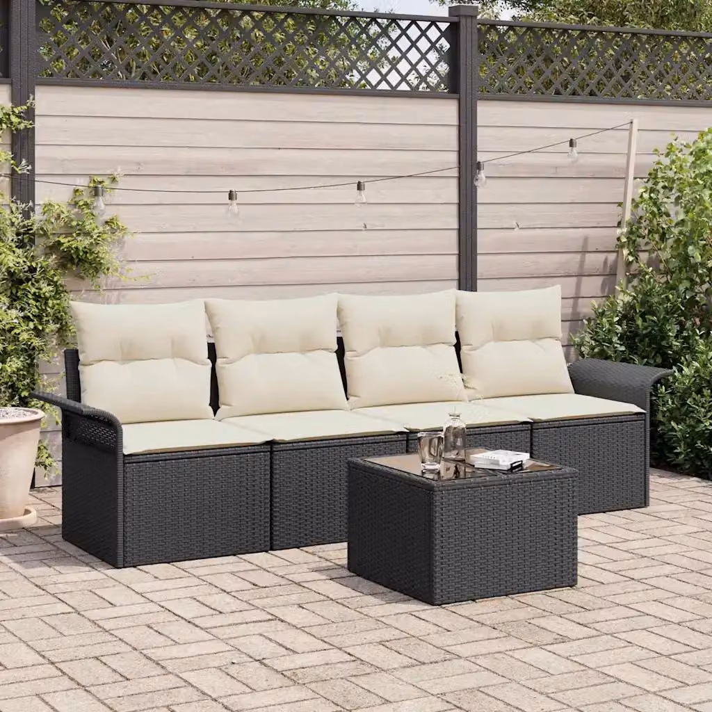 Set di divani da giardino vidaXL in polyrattan nero con cuscini beige e tavolino da esterno – 1