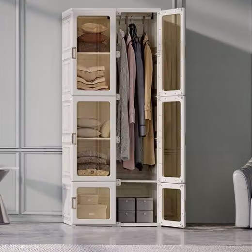 Armadio Armadio singolo pieghevole, incl. 6 ante trasparenti con chiusura magnetica, 1 asta appendiabiti e 10 scomparti, Armadi per camera da letto