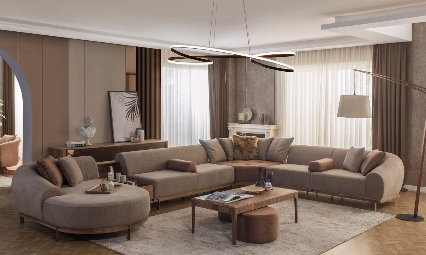 Modernes Beiges Ecksofa U-Form Wohnlandschaft Wohnzimmer Luxus Sofas