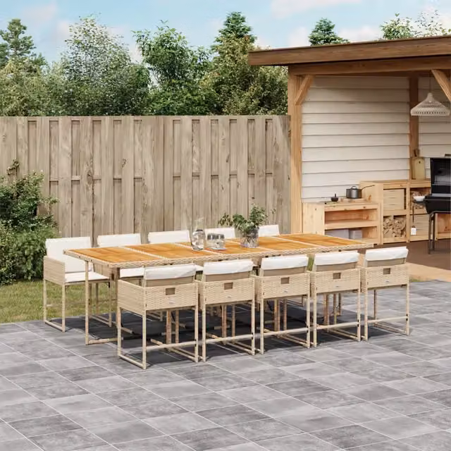 Set da pranzo da giardino vidaXL in polyrattan con cuscini beige e tavolo in legno di acacia, 11 pezzi – 1