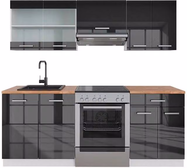 Cucina componibile R-Line Antracite lucido/Bianco 200 cm, PL Rovere Vicco
