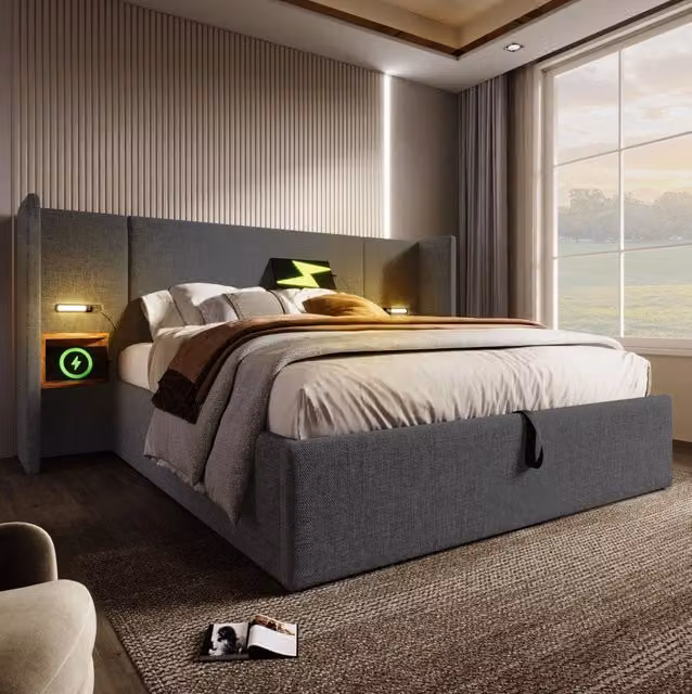 Letto matrimoniale MODFU con contenitore e testiera con luce integrata e porte USB/Type-C, grigio, L: 180 cm, P: 200 cm