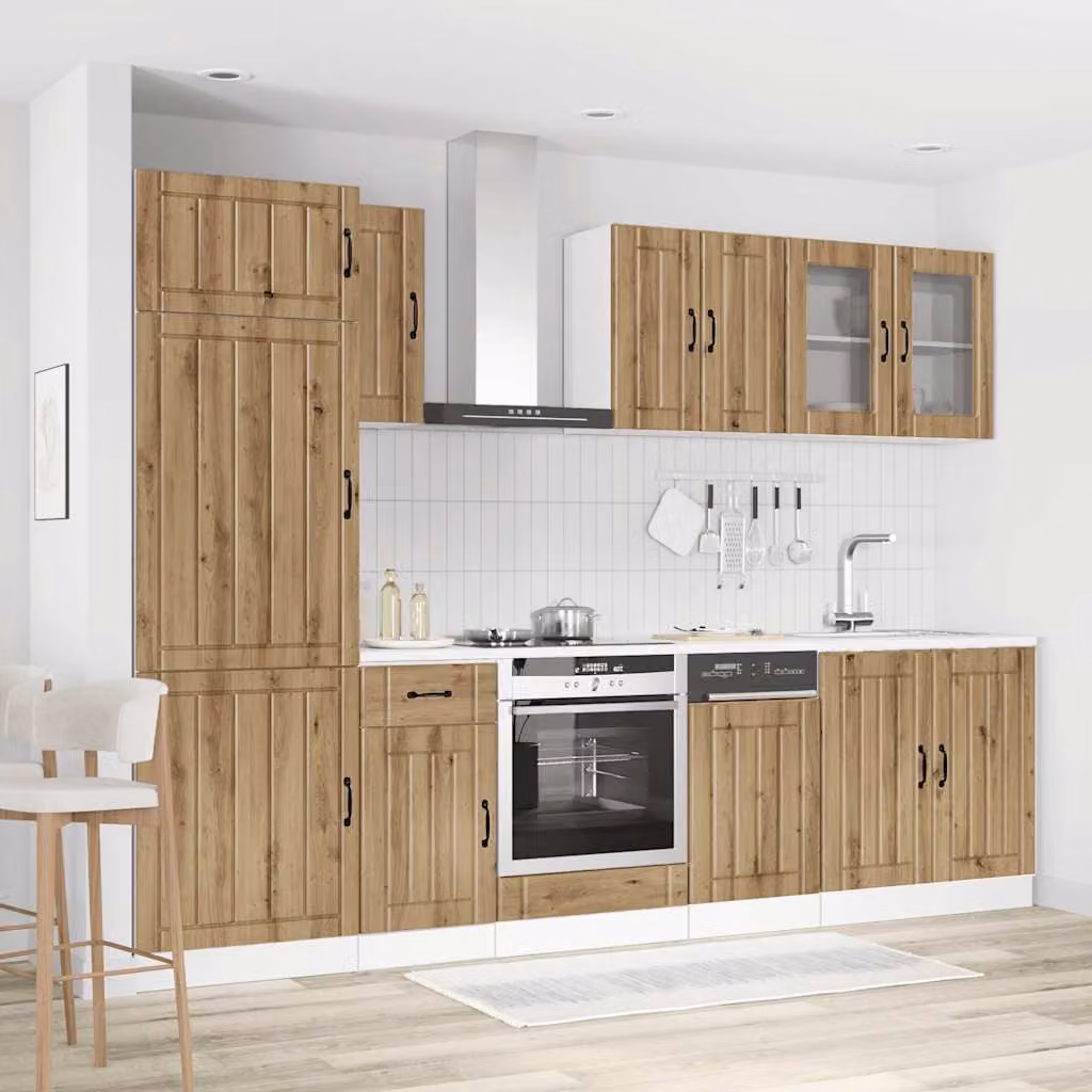 Set di mobili da cucina vidaXL Kalmar composto da 8 pezzi in stile rustico color marrone con ante in vetro e ripiani interni, L/P/H: 207 x 60 x 57 cm