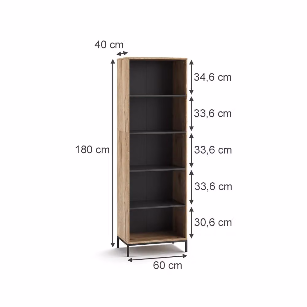 Libreria Eliza Vicco in legno e metallo color quercia vichinga con 5 scomparti, L: 60 cm, H: 180 cm, P: 40 cm – 2
