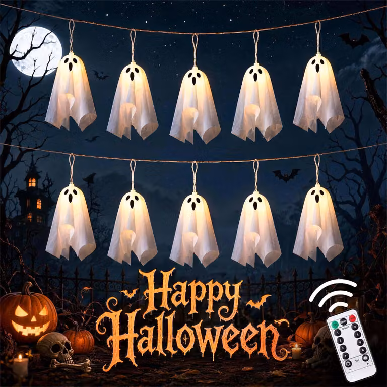 Catena luminosa a tema fantasmi, lunghezza 2,7 metri, 10 LED, 8 modalità, grado di protezione IP44, con timer, ideale per Halloween