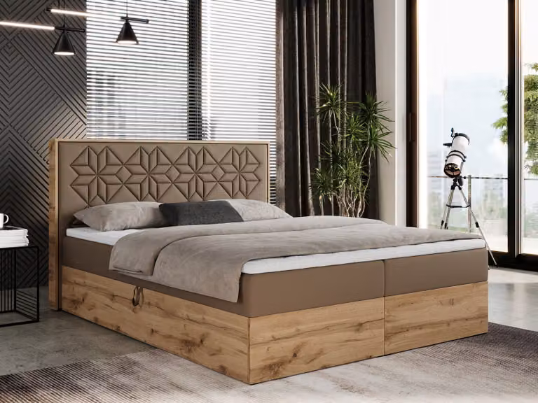 Letto boxspring 120x200 con contenitore, letto imbottito 120x200 con materasso H3, letto boxspring 120x200 con testiera, letto boxspring in legno massello - Nessi - Pelle finta marrone - H3