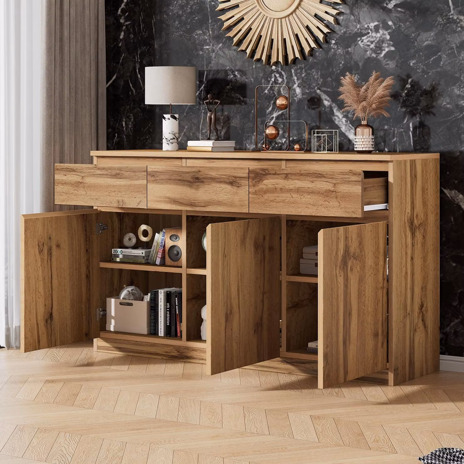 MODFU: cassettiera in legno, cassettiera con 3 ante e 3 cassetti, mobile complementare con ripiano regolabile per il soggiorno, effetto legno
