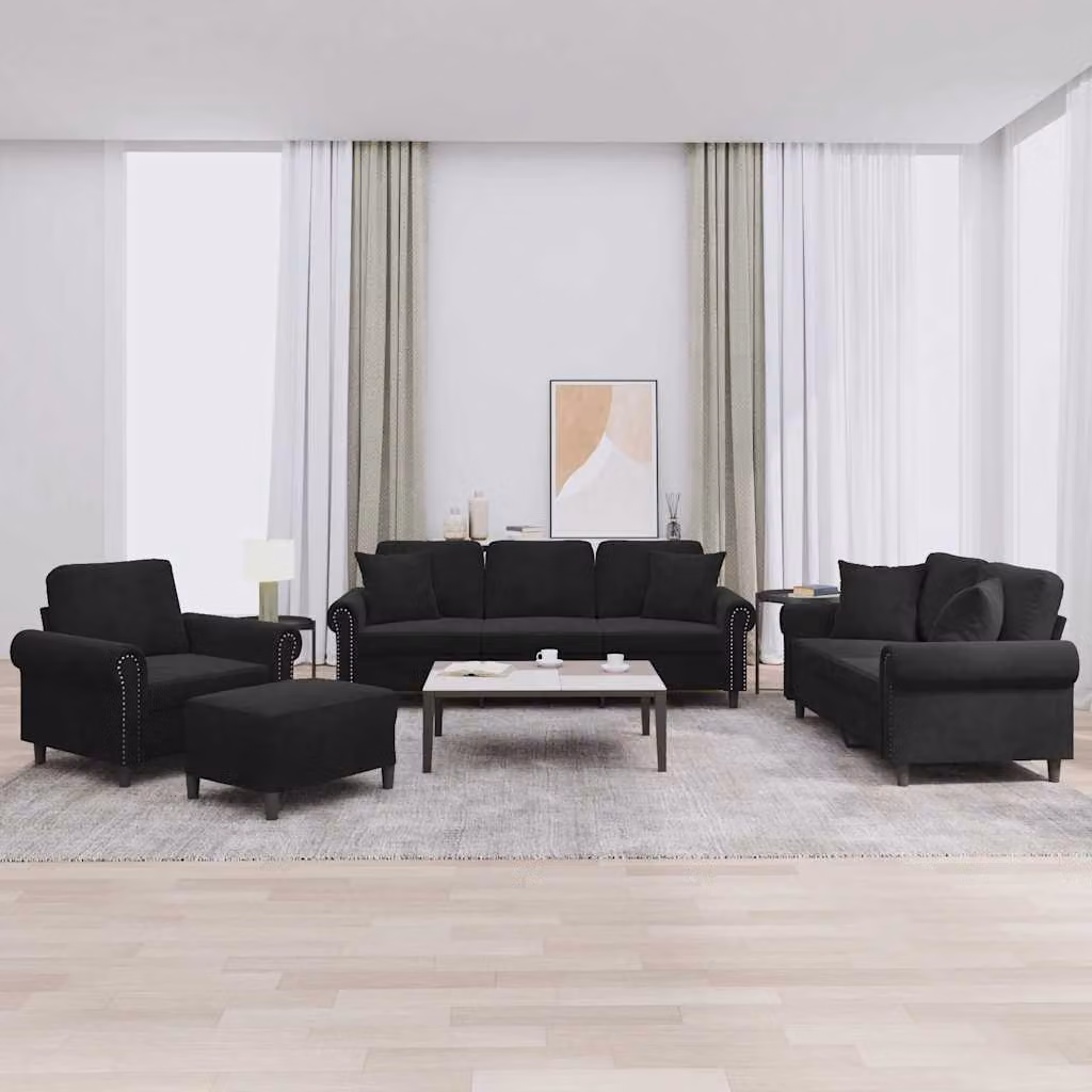 Set di Divani 4 Pezzi vidaXL in Velluto Nero con Cuscini e Ottoman per Soggiorno Moderno – 1