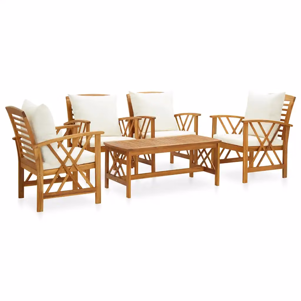 Set da giardino moderno vidaXL composto da 5 pezzi in legno di acacia oliato con cuscini bianchi e marroni