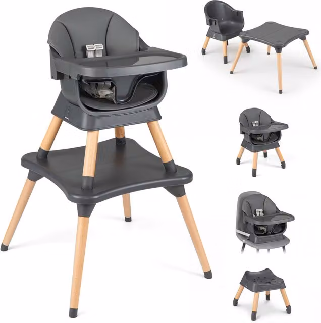 Seggiolone pappa evolutivo per bambini con set tavolo e sedia, cuscino imbottito e cintura di sicurezza, Grigio