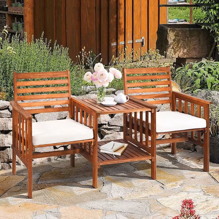 Set di mobili da giardino con tavolo dotato di foro per ombrellone e 2 sedie con cuscini, salottino in legno, panca a due posti con tavolino integrato, salottino da giardino