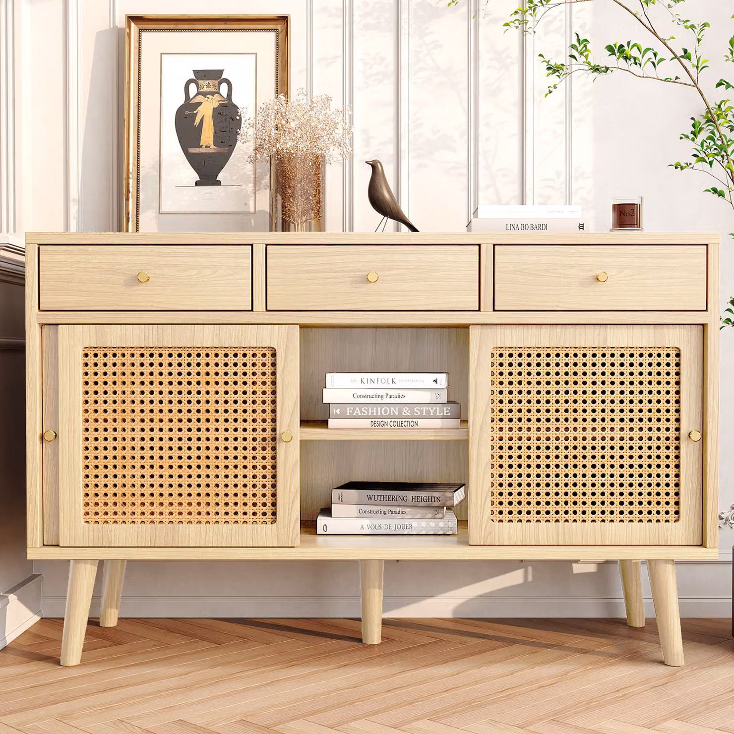 Cassettiera Flieks con ante e cassetti, mobile da soggiorno in rattan Siadeboard con ripiano regolabile, commodo per corridoio, camera da letto, 120x40x78cm
