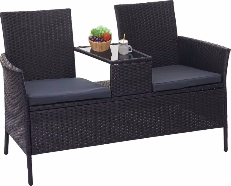 Panchina in polyrattan con tavolino MCW-E24, set da giardino con divanetto, 132 cm ~ nero, cuscini grigio scuro