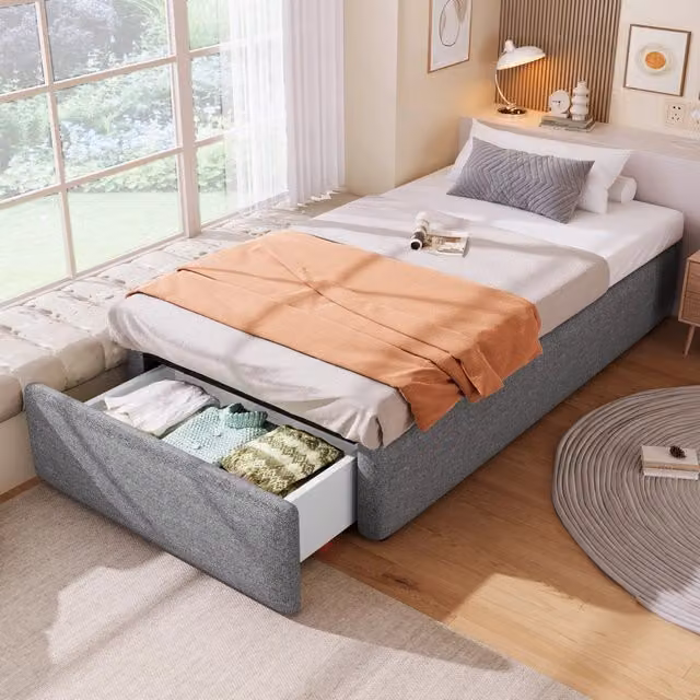 Letto imbottito 90x200 cm senza testiera; contenitore idraulico e cassetto; tessuto in cotone e lino grigio