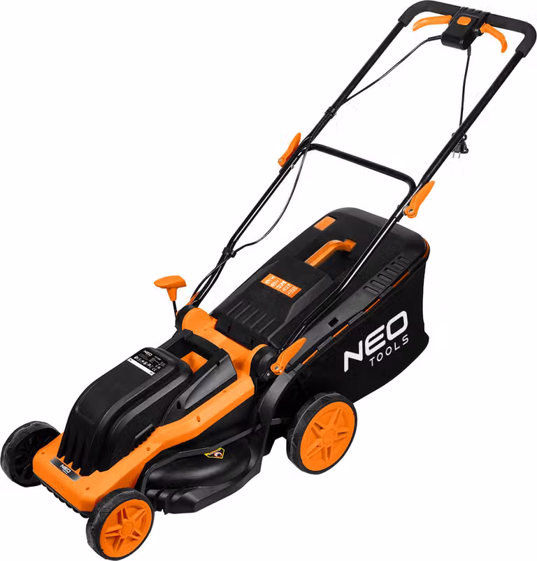 Tosaerba elettrico NEO TOOLS da 1600 W - larghezza di taglio di 38 cm, regolazione centrale dell'altezza a 6 posizioni (25-75 mm), cesto per l'erba da 45 L con indicatore di livello