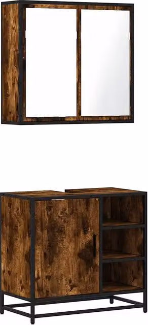 Set Mobili da Bagno Industrial in Legno e Metallo Marrone con Mobile Lavabo e Armadietto Specchio a Parete L/P/H: 65 x 33 x 60 cm
