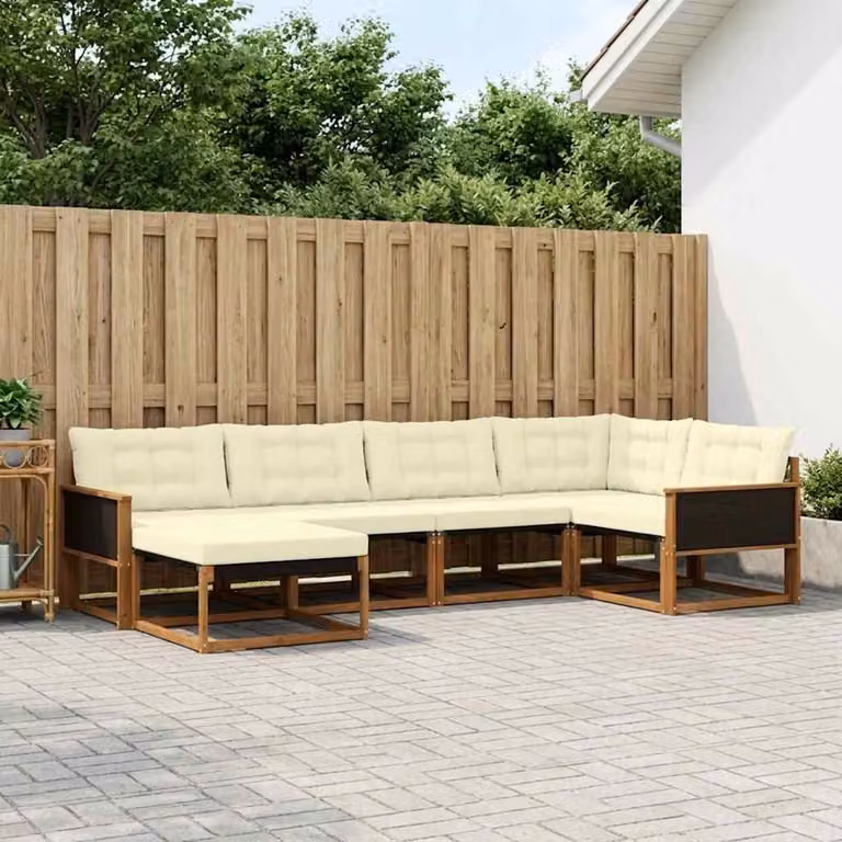 Set di divani da esterno vidaXL a forma di L composto da 6 pezzi in legno di acacia con cuscini beige e bianchi