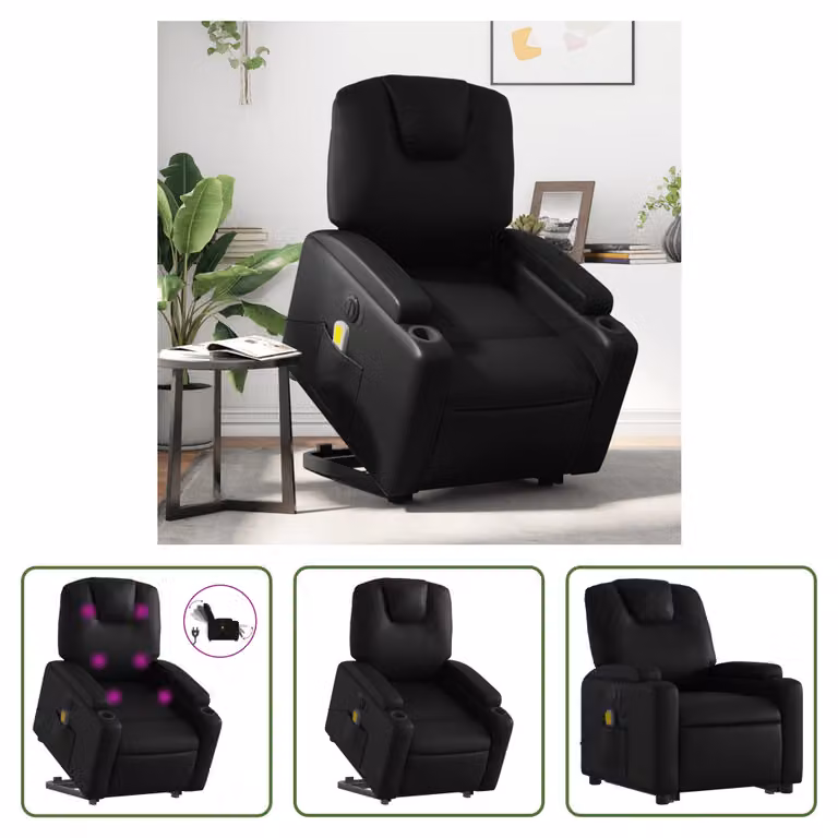 The Living Store Sedia massaggiante con supporto in piedi elettrica in ecopelle nera