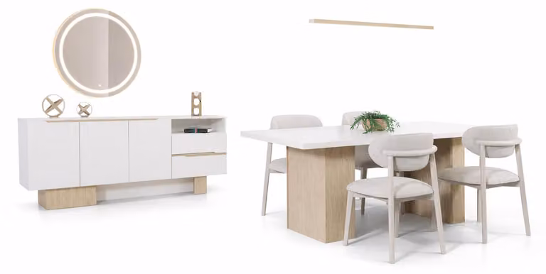 Set da pranzo bianco: elegante tavolo da pranzo, raffinata credenza e 4 sedie