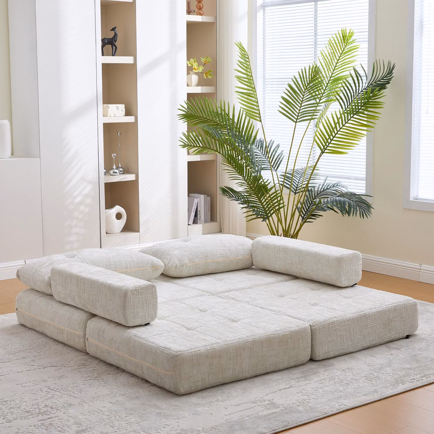 LVHOM Divano pieghevole 2 pz. Divano da terra multifunzionale, letto per ospiti salvaspazio con cuscino, divano imbottito con schiuma ad alta densità, per soggiorno ufficio, beige
