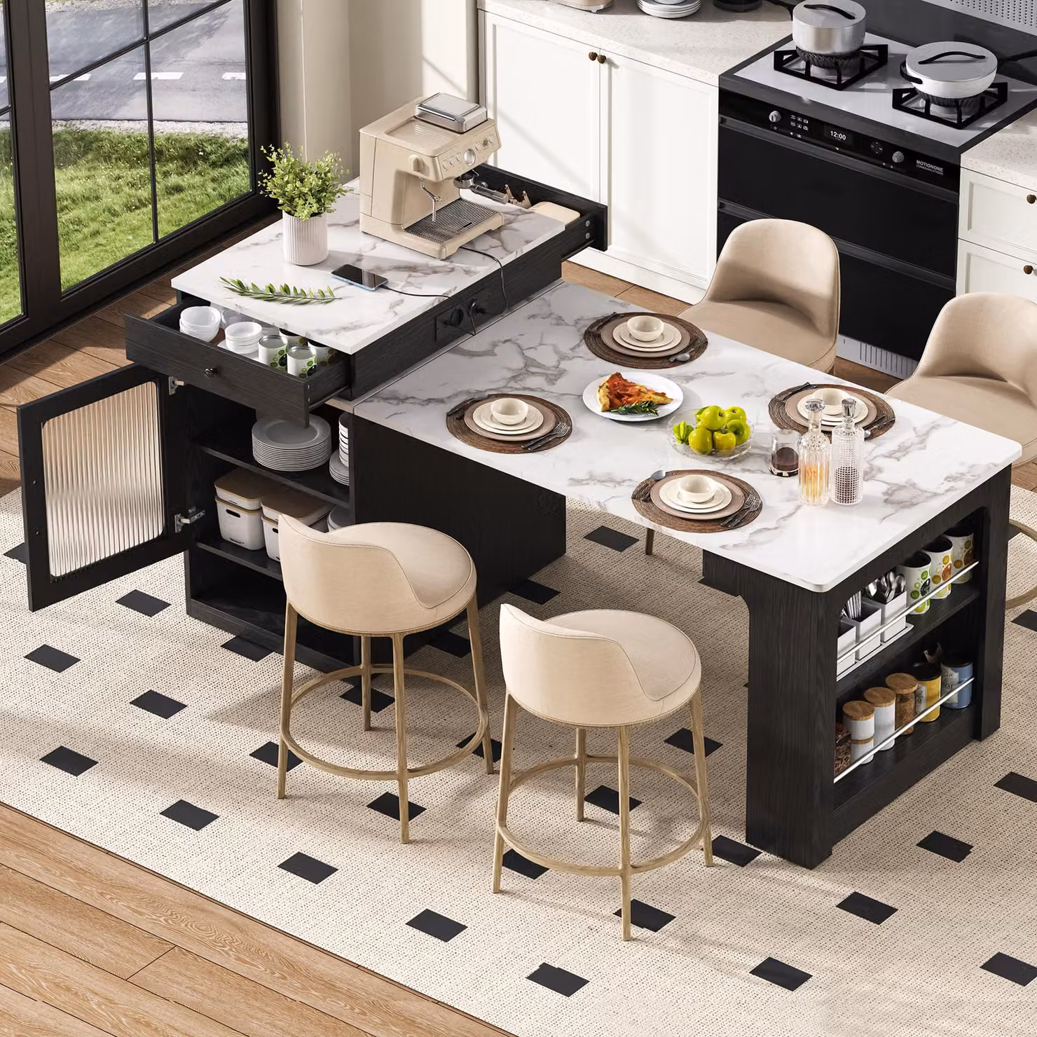 Isola da cucina Sweiko con rotelle, tavolo da pranzo allungabile con piano estraibile, tavolo da bar con prese di corrente, serve come isola da cucina, credenza, madia o tavolo da bar per cucina e sala da pranzo (nero)