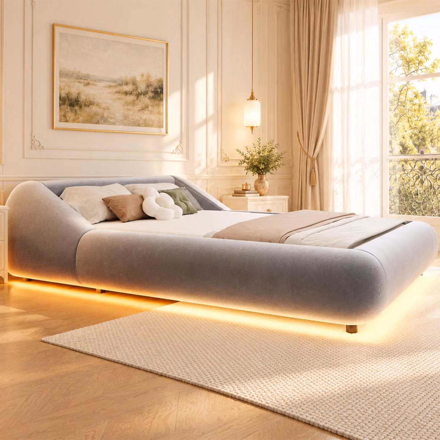 Letto imbottito Flieks, 140x200 cm, con rete a doghe, letto matrimoniale con testiera, struttura sospesa con illuminazione LED, colore grigio, realizzato in velluto, compensato e MDF