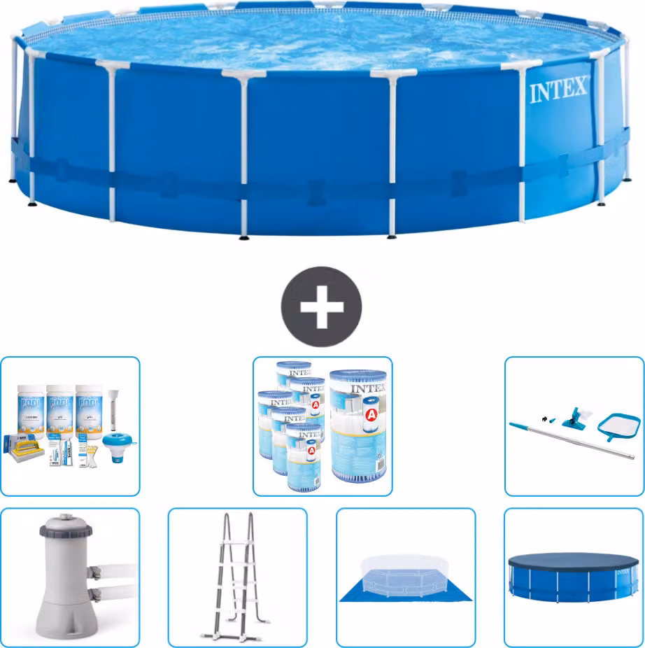 Piscina Intex con struttura rotonda - 457 x 122 cm - blu - inclusa pompa - scala - telo di fondo - pacchetto di manutenzione della copertura - filtro - kit di pulizia