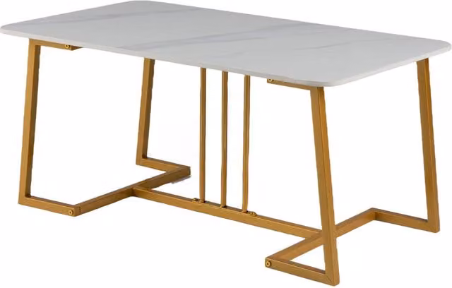 Tavolino da caffè rettangolare moderno con piano effetto marmo bianco e gambe in metallo dorato L: 126 cm, P: 50 cm, H: 41,5 cm