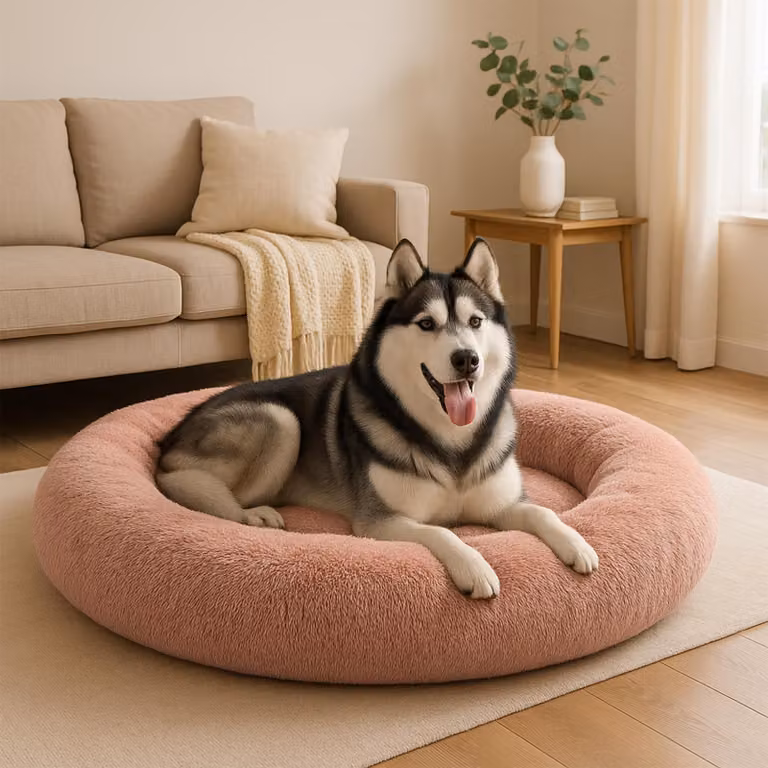 belviona donut dog bed, accogliente letto in peluche con morbida imbottitura, presa sicura e bordo ergonomico, diametro 120 cm, rosa scuro