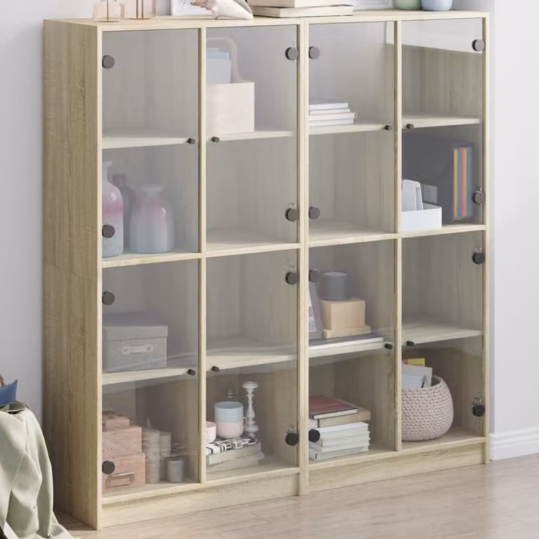 Libreria moderna vidaXL con ante in vetro e ripiani interni in Rovere, L: 136 cm, P: 37 cm, H: 142 cm