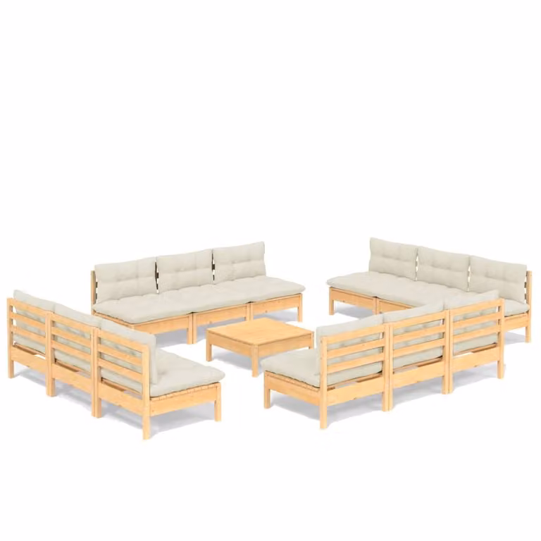 Set Salotto da Giardino 13pz con Cuscini Crema in Legno di Pino