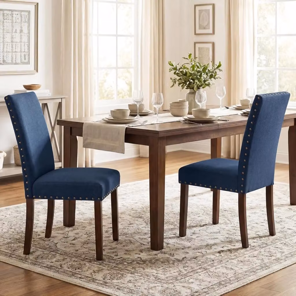 Set di 2 Sedie da Pranzo Imbottite Costway Blu con Schienale Alto e Gambe in Legno di Gomma Massello – 2