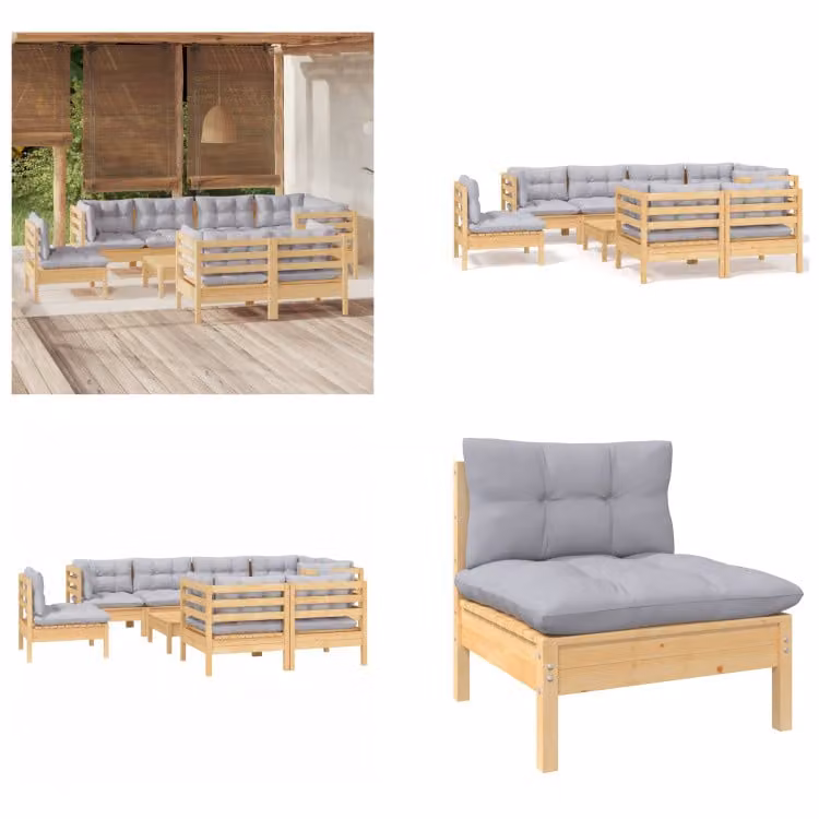 vidaXL Set salotto da giardino 9 pezzi con cuscini grigi in pino massiccio - Set salotto da giardino - Set salotto da giardino - Set mobili da giardino - Set mobili da giardino