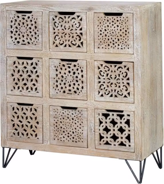 Comodino etnico Giner y Colomer in legno di mango con design geometrico, colori marrone e beige