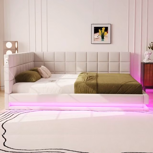 Divano letto imbottito 160x200 cm in tessuto effetto lino beige con LED e USB